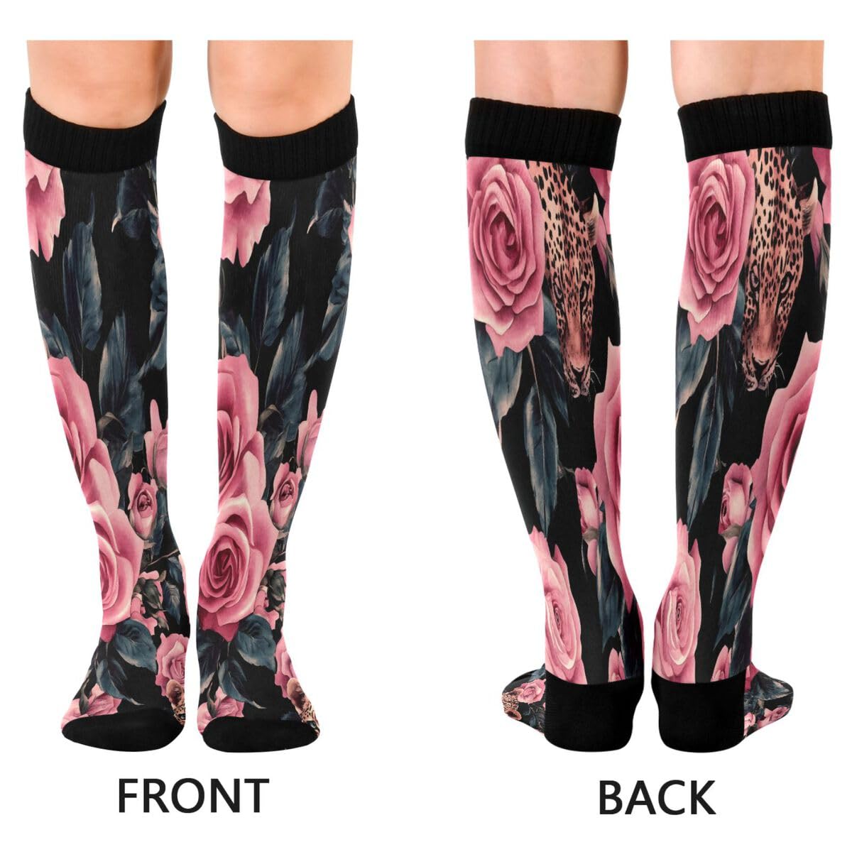 Nander Roses and Leopard Compression Socks Women Men Knee High Stockings for Sports,Running,Travel 1Pair