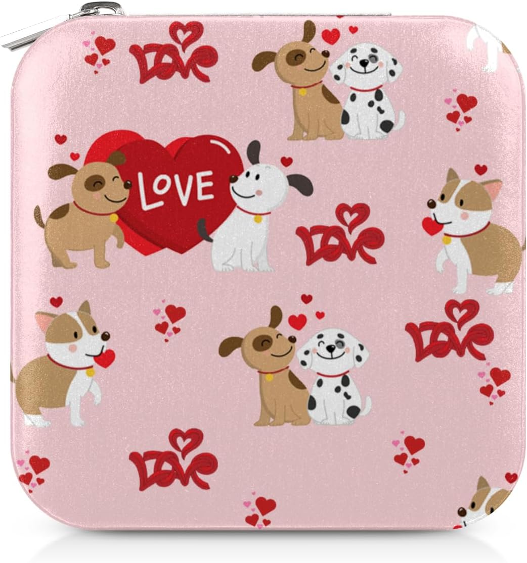 Dog Love Valentinejpg Portable Jewelry Organizer PU Leather Travel Jewelry Box with Mirror Compact Display Storage Case for Rings Earrings Necklaces Bracelets Pendants