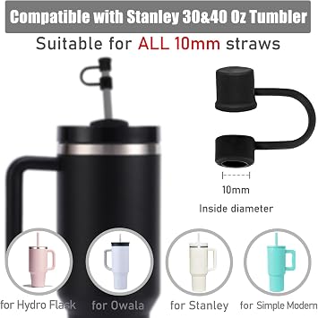 6PCS Silicone Straw Covers Cap Compatible with Stanley Cup 30-40 oz Tumbler with Handle 10mm Straw Toppers,Dust-Proof Reusable Straw Cover for Stanley Cup Accessories (Black)