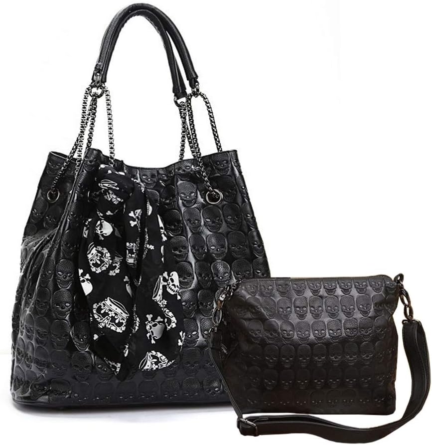Chikencall® Womens Skull Print Hobo Tote PU Leather Shoulder Bag Punk Handbag and purses 2 sets
