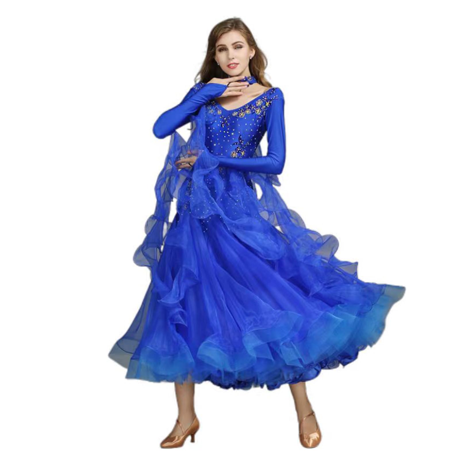 Damen Ballsaal-Tanzkleid Mit Langen Ärmeln, Walzer-Tango-Tanzkleid, Standard-Kleid Für Den Modernen Tanz, Wettkampfkleid,Blau,S
