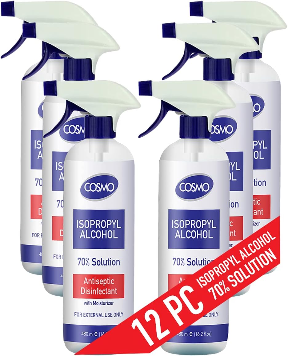 Cosmo Isopropyl Alcohol 70% Solution Antiseptics & Disinfectants Trigger Spray - 480ml e 16.2 fl.oz - Pack of 12 - IPA 70% Liquid - Moisturizers - Sanitizers - Quick Action - First Aid - Blue