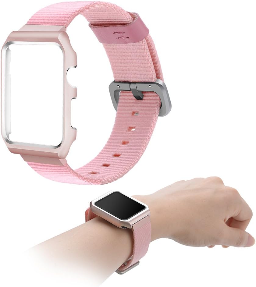 LOYUT for Apple Watch Band 38mm 42mm with Metal Protective Case, Woven Nylon Strap Adjustable Flexible Replacement iWatch Band for Apple Watch Series 3 Series 2 Series 1 Sport Edition Nike+