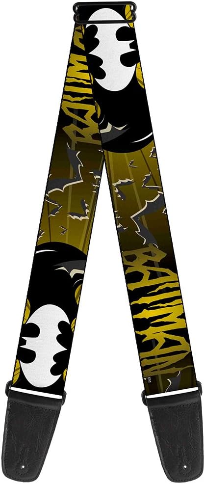Buckle-Down Guitar Strap - BATMAN w/Bat Signals & Flying Bats Yellow/Black/White - 2" Wide - 29-54" Length