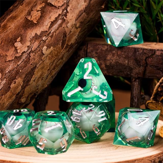Green Beholder - Juego de dados DND afilados con caja de dados de cuero  para Calabozos y Dragones, D&D, borde afilado, dados de resina poliédrica