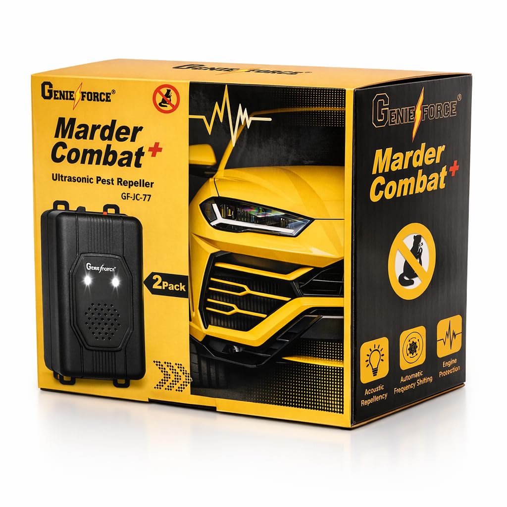 2 x Genieforce® Marder Combat+ Marderschutz, Marderschreck Ultraschall, Marderabwehr, Mäuseabwehr für Autos, Haus, und Garten, Anschluss an 12V Autobatterie, USB oder Batteriebetrieb - GF-JC-77