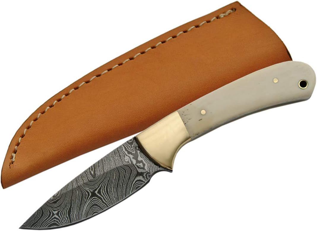 SZCO Skinner Knife 7 Inch - Hunting Knife with Bone Handle, Damascus Steel Blade & Sheath - Pocket Knife for Hunting, Camping & Outdoor uses - Knives for Men