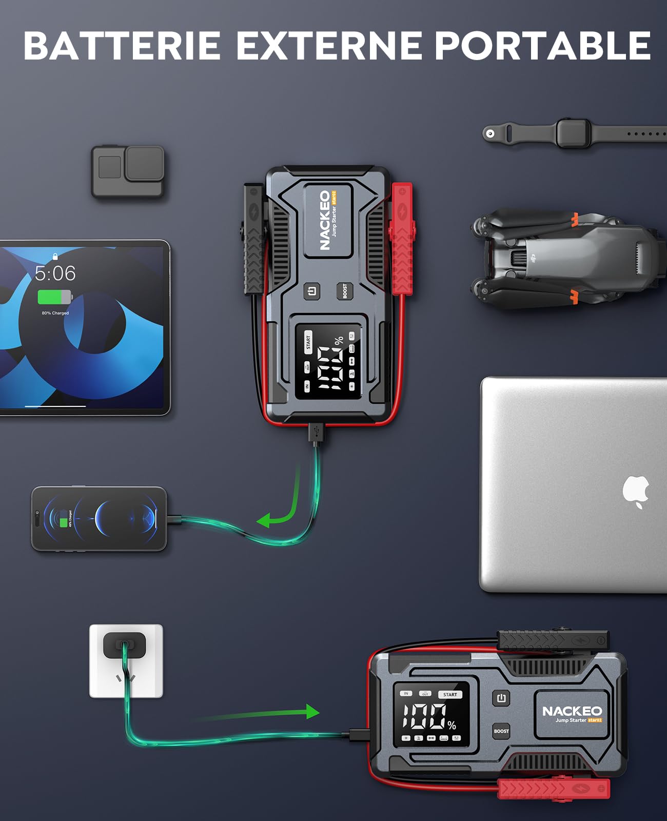 8000A Booster Batterie Voiture,Démarreur de Voiture (Jusqu’à 9 L Essence et 7 L Diesel),Jump Starter 12V avec Câbles de Démarrage Intégrés, Lampe LED et Écran LCD, Adapté aux Motos, SUV et Tondeuses
