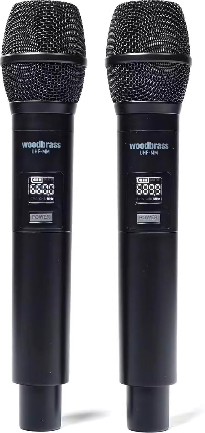 WOODBRASS Microfono senza fili sistema 2 x micro UHF multi frequenza, portatile microfono a mano per karaoke, professionisti, dj, animazione, matrimonio, conferenza (UHF-2M-MULTI)