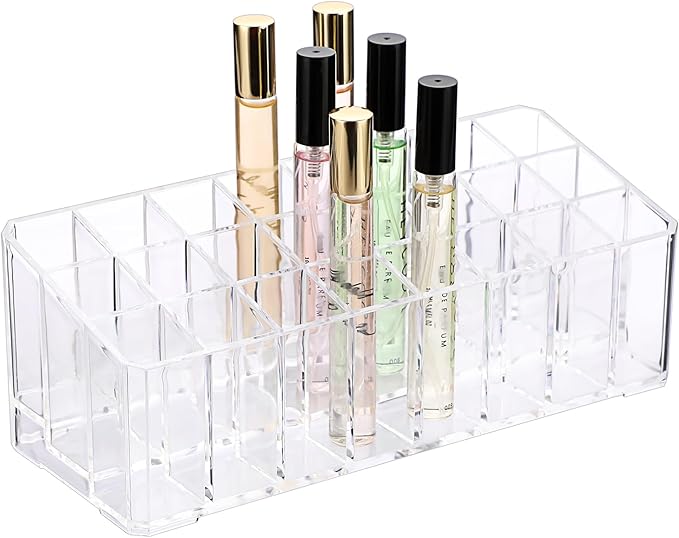 Organisateur de Parfums à Bille Porte-Parfums Beauté 24 Espaces, Présentoir Cosmétique, Conteneur d'Organisation Rangement Pour Huiles Parfumées Hautes, Rouges à Lèvres, Transparent
