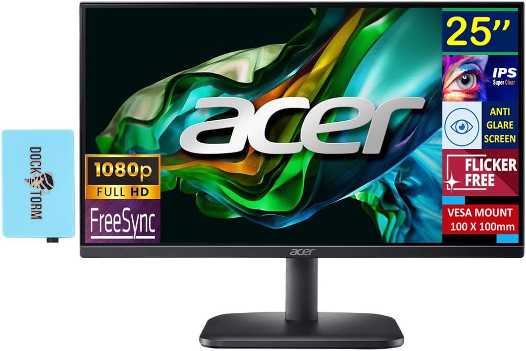 acer24.5” Monitor, FHD IPS Display, 100hz with FreeSync Technology, VESA Mount (100x100mm), HDMI, VGA, Audio in/Out, (2025 Latest Model, E Series) w/Dockztorm Hub