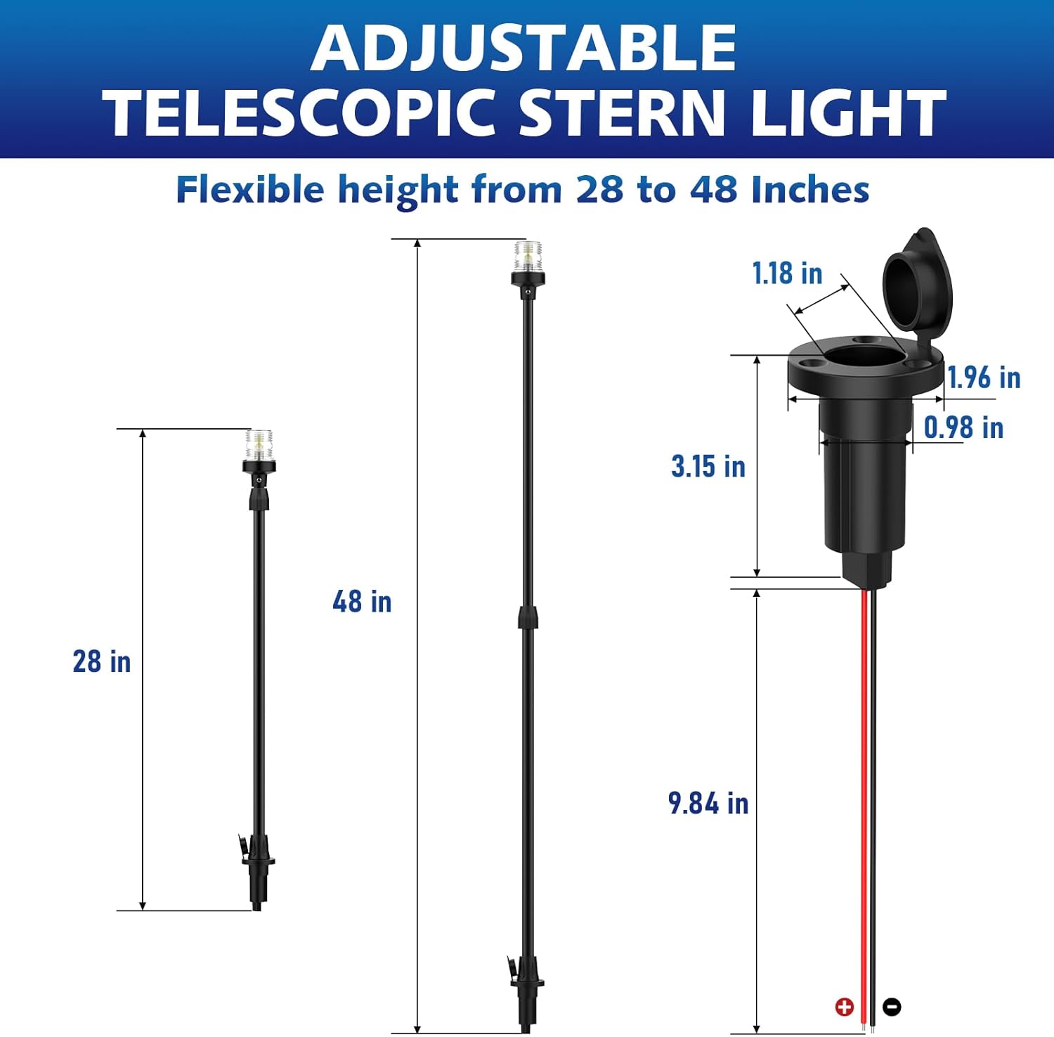 Boat Stern Light Anchor Light, 28"-48" Telescoping Pole Boat Lights LED with Base & Extra Bulb, Waterproof 3NM 360° All Round Marine Navigation Lights for Boats LED for Pontoon, Fishing, Bass Boats