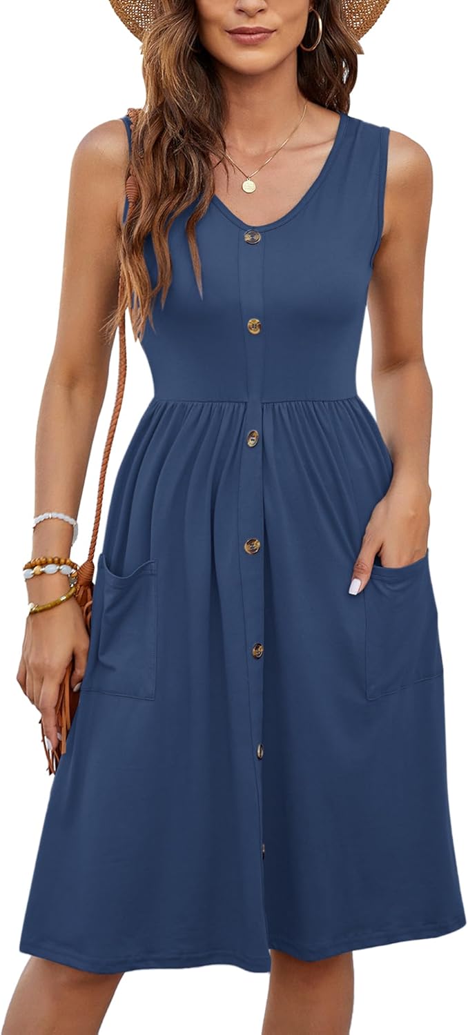 MOLERANI Women Summer Dresses Sleeveless Casual Loose Swing Button Down Midi Dress with Pockets - Image 4