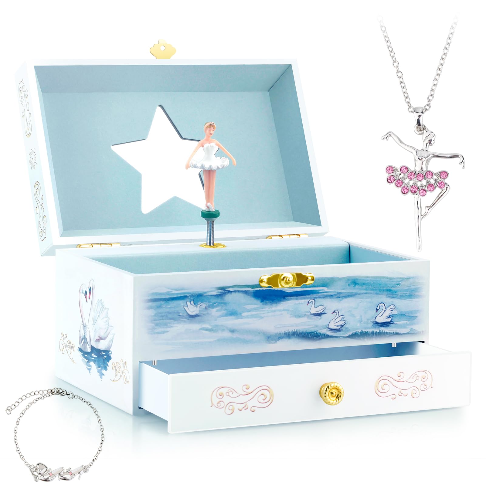 RR ROUND RICH DESIGN Kids Musical Jewelry Box with Pretty Jewelry Set and Storage Drawer Elegant Ballet Girl Theme - Swan Lake Tune White