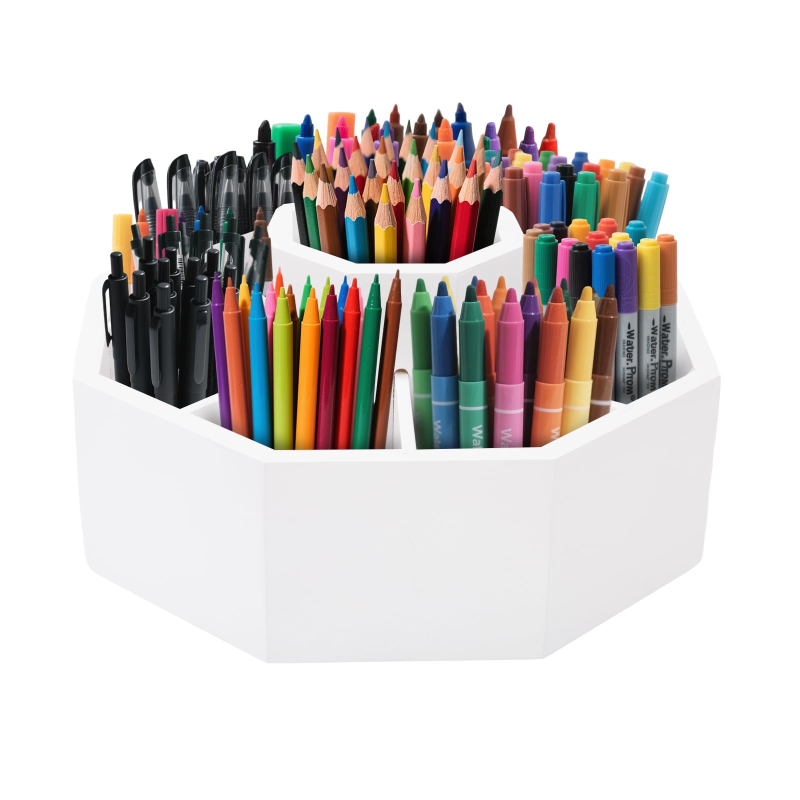 LN COZY CORNER Bamboo Rotating Art Supply Organizer 360° Spinning Desk Organizer with 8 Compartments, Holds 300+ Pencils Pens Markers Brushes Storage for Office Artist School (White)