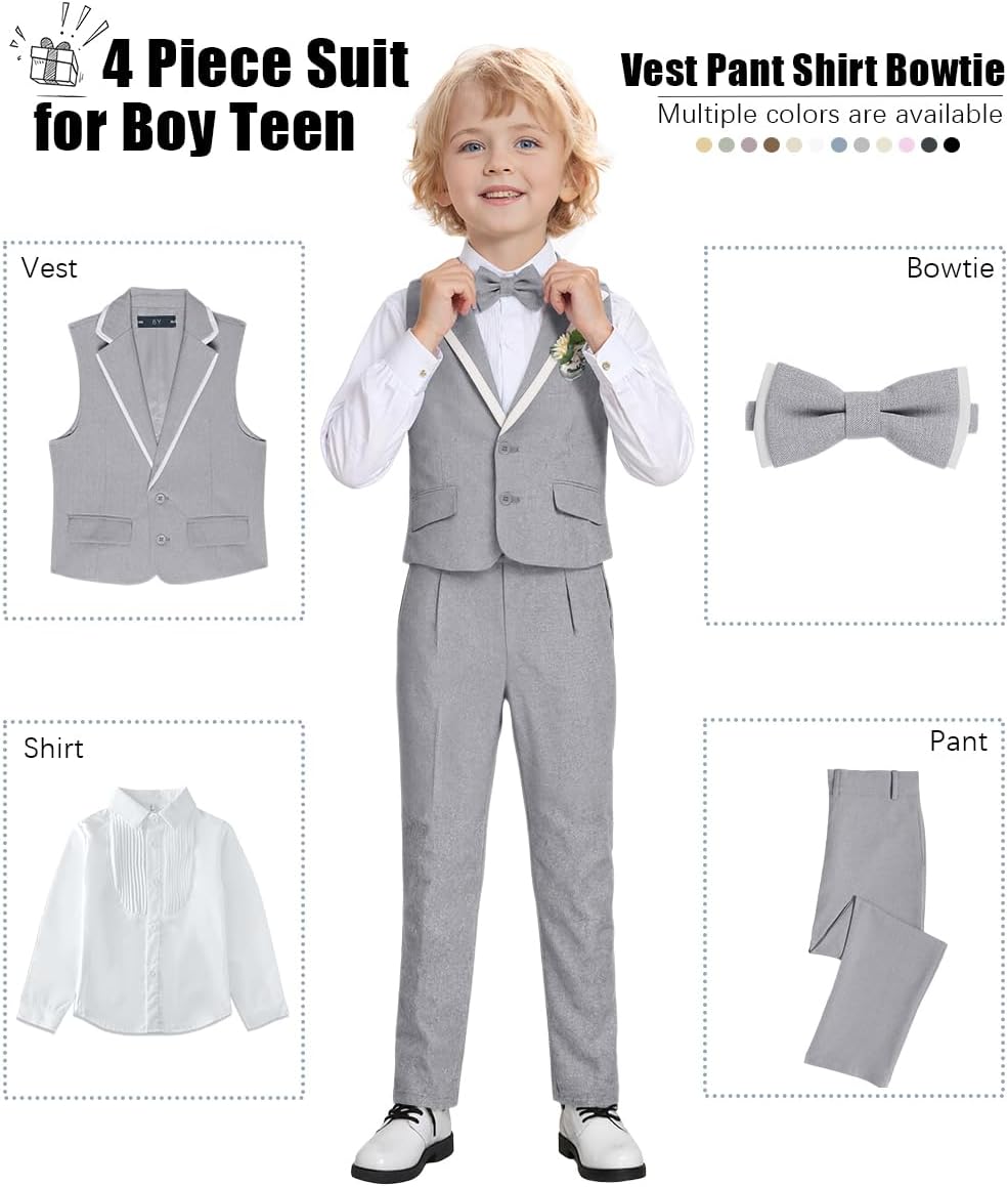 Boys' Suits 4 Piece Set Formal Toddler Dress Shirt Vest Pants Bow Tie Kid Tuxedo Suit Teen Wedding Outfits Boys Clothes