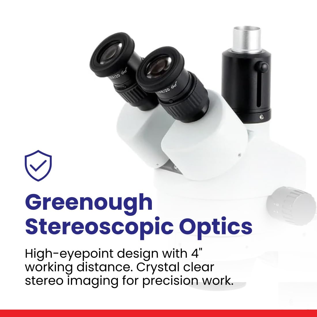 Microscopio trinoculare stereo zoom, 7X-45X, su supporto a braccio singolo.
