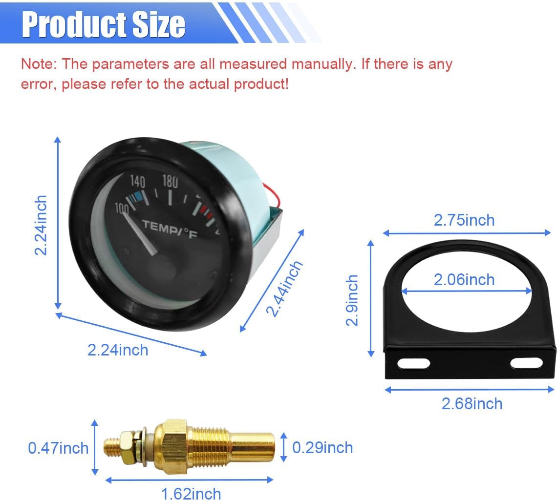 BDZMC 2" 52mm DC12V Car Water Temperature Gauge, 100-250℉ Water Temp Gauge Meter Kit with LED Backlight and Sensor, Fit for Car Truck Boat Marine Ship