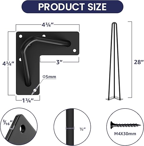 Miniatura 3 de SMARTSTANDARD 3 cañas sólidas de metal para mesa con gomas protectoras del suelo, uso industrial, para el hogar y bricolaje, 4 piezas