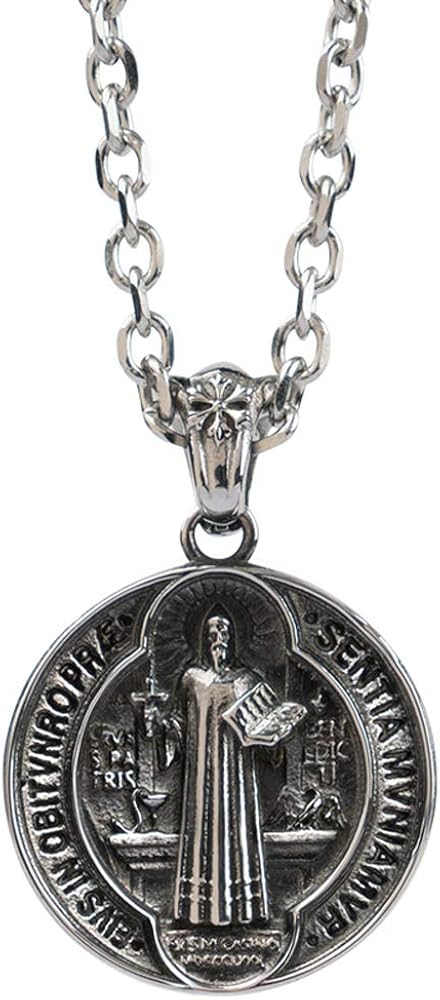 Titanium Stainless Steel Cross Saint Benedict Medal Pendant Necklace for Men Women70cm Chain