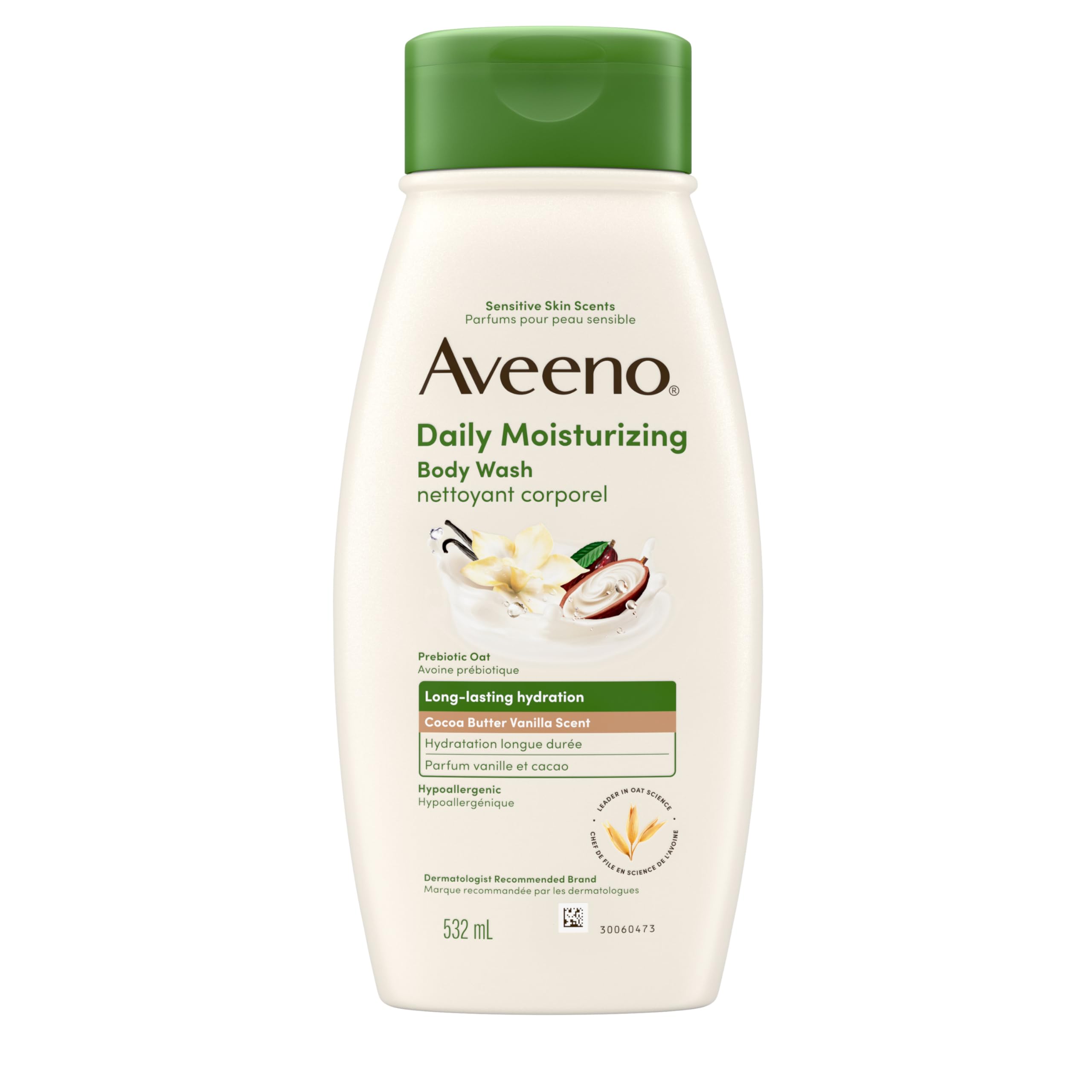 Aveeno Daily Moisturizing Body Wash with Cocoa Butter Vanilla Scent & Soothing Prebiotic Oat, Provides Long-Lasting Hydration for Sensitive Skin, Hypoallergenic, Paraben-Free, 532 mL
