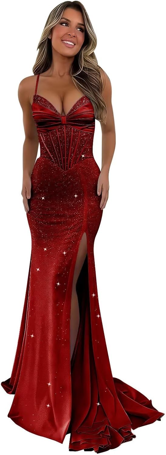 Smileven Sparkly Sequin Long Prom Dresses for Women Corset Formal Evening Party Gowns with Slit