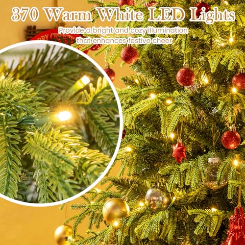 Image of Goplus 7 FT Pre-Lit Artificial Christmas Tree, Hinged Full Xmas Tree with 1090 PVC & Soft TPE Branch Tips, 370 Warm White LED Lights, Foldable Metal Stand, Home Office Holiday Decoration