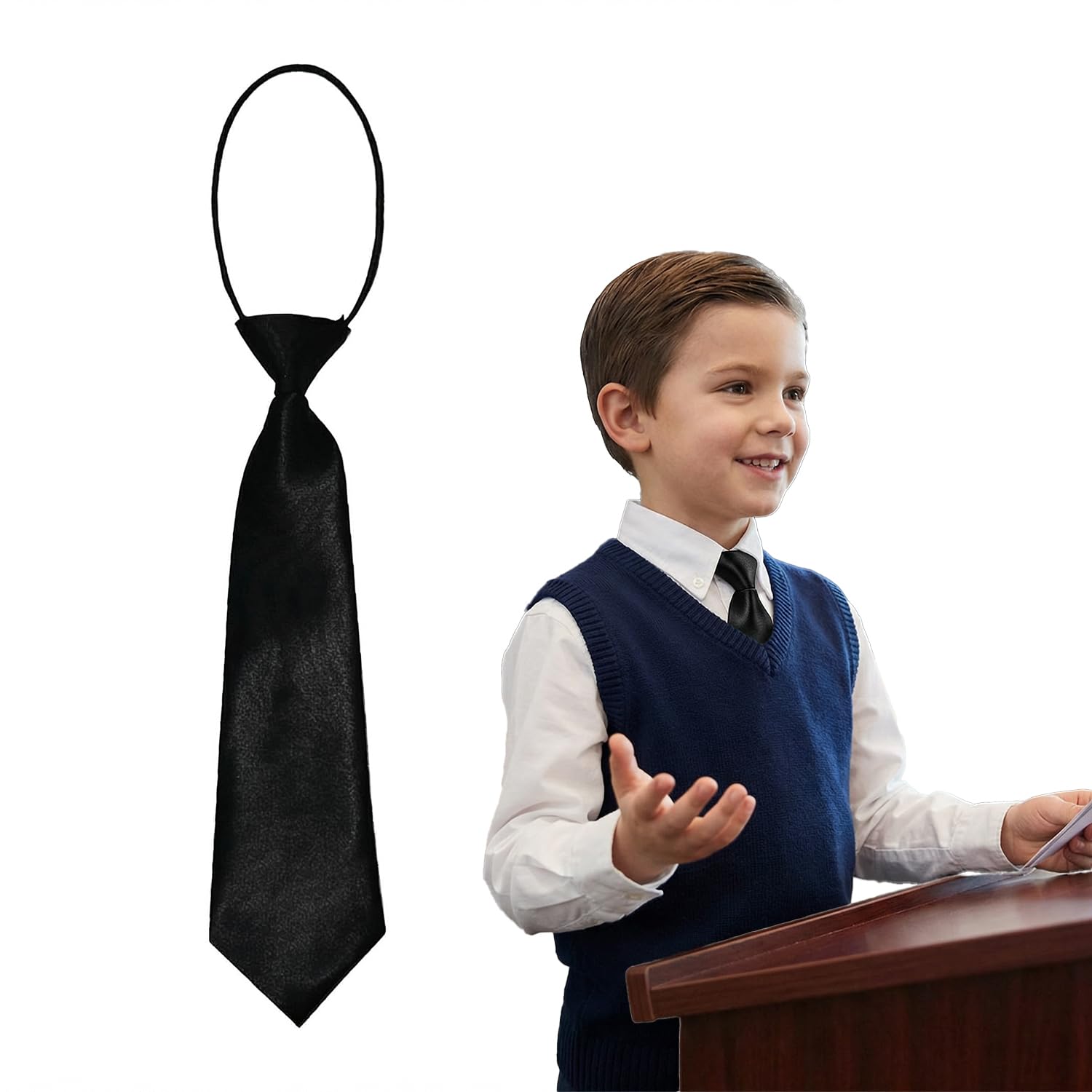 Corbata de satén negra preatada para niños, 28 cm, elástica, corbata formal para niños, para bodas, deberes de Page Boy, bailes escolares y celebraciones especiales