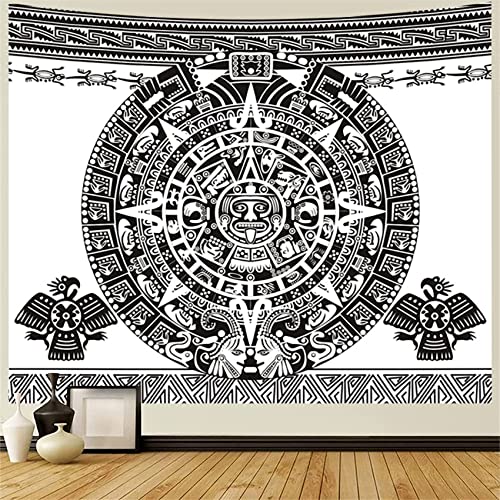 Aztec Calendar Tapestry Black and White Vintage Mayan Old Sign Ancient Words Wall Hanging Polyester Fiber Art Blanket with Clip Hanger for Bedroom Living Room Dorm Home Decor 33.9