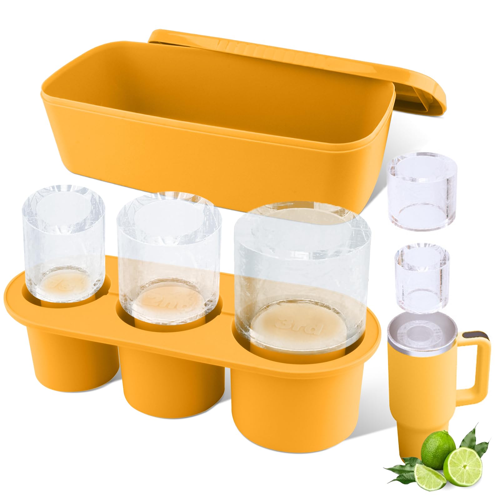 TcampSilicone Ice Cube Tray for Freezer, Large Hollow Cylinder Ice Cube Molds with Lid and Bin for 40 oz Tumbler Cups, Ice Maker for Chilling Coffee Cocktails Whiskey Tea Drinks (Yellow)