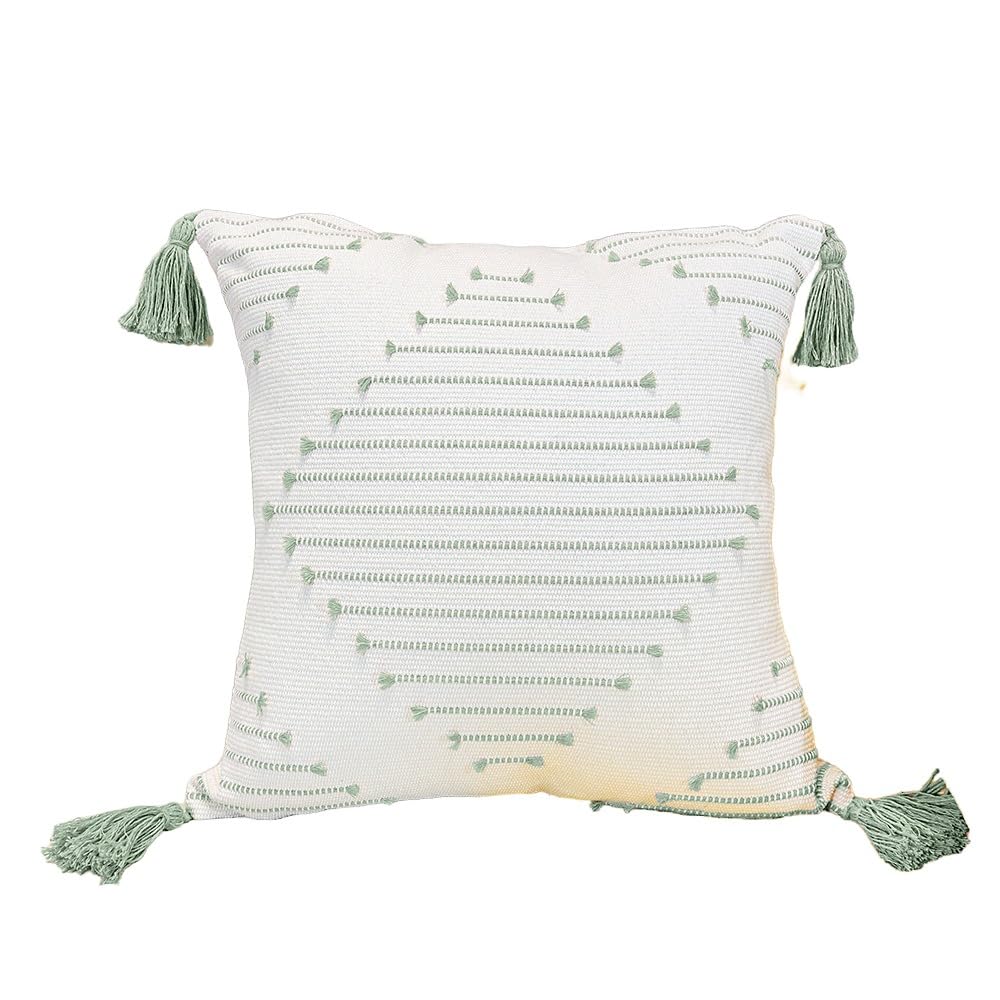 Set di 2 federe per cuscino boho, 45 x 45 cm, con nappe, decorative, per soggiorno, camera da letto, balcone, divano, verde chiaro