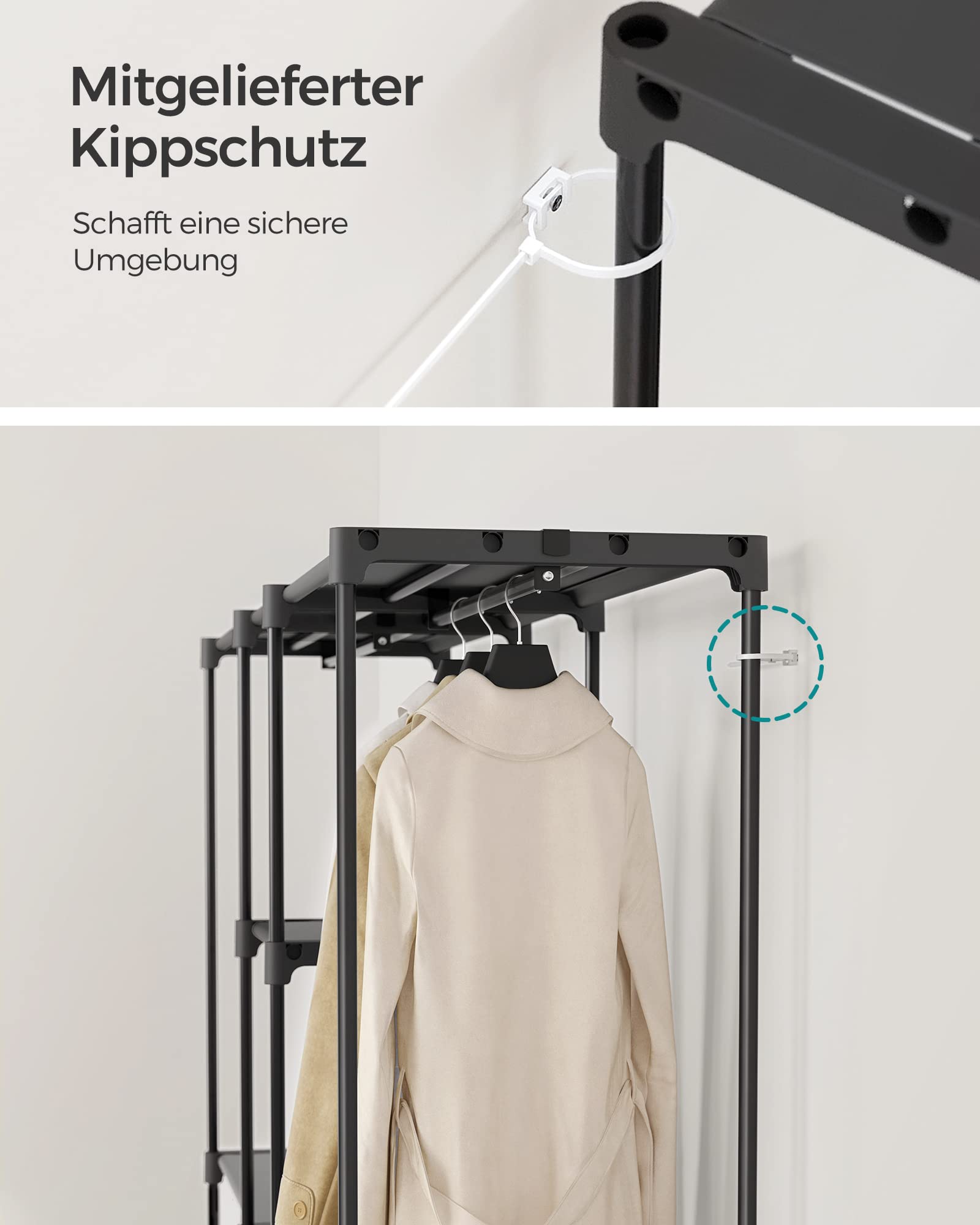 SONGMICS Kleiderschrank, Kleiderständer, freistehende Garderobe, mit Kleiderstangen, Garderobenständer, Stoffablagen, Metallrahmen, 182 x 43 x 182 cm, tintenschwarz RYG037B02