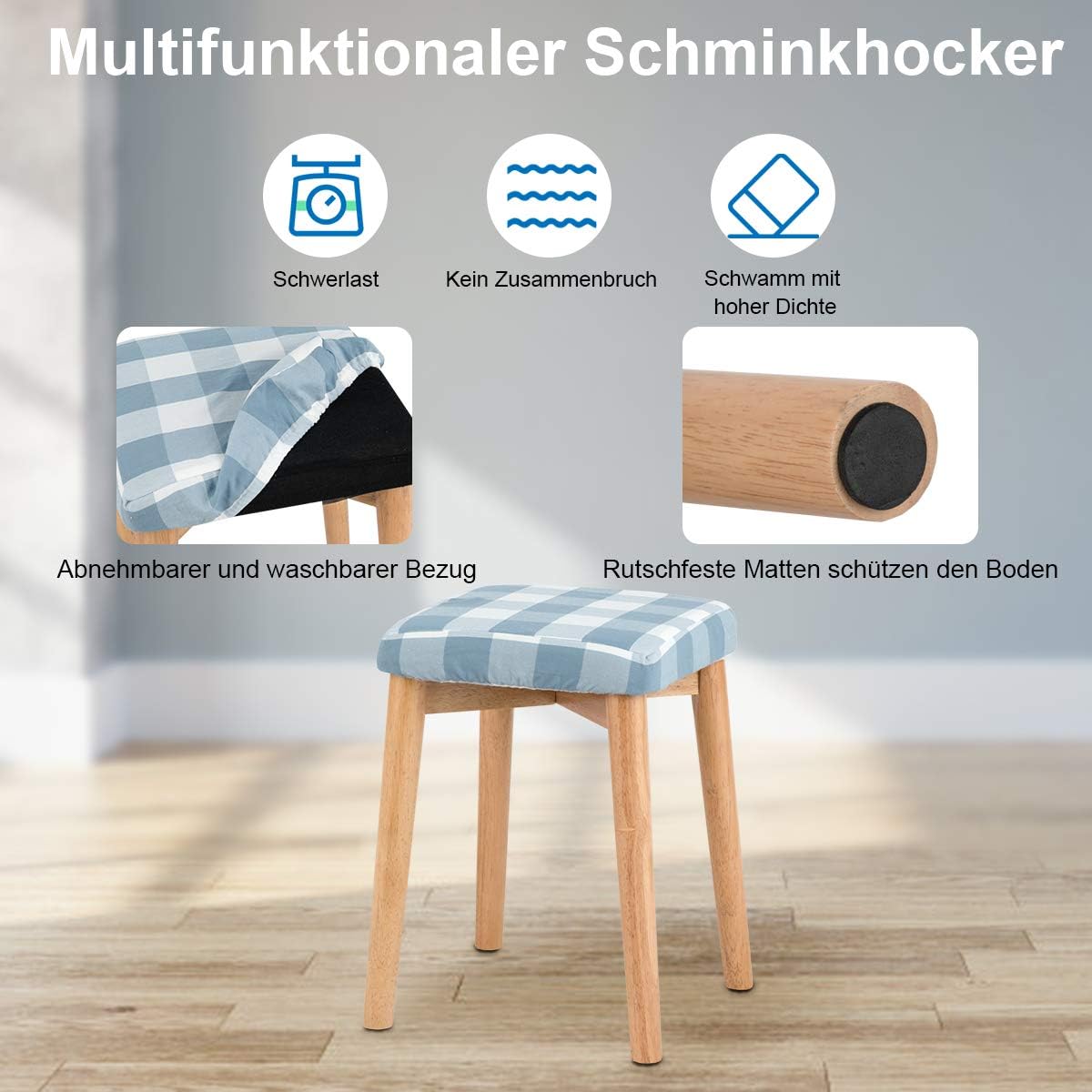 Close-up of the multifunctional makeup stool with details on its features