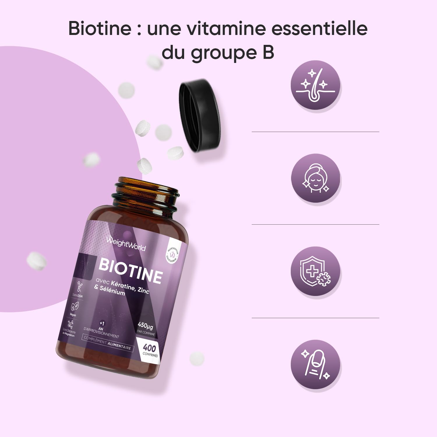 Biotine Cheveux avec Selenium, Zinc et Kératine - 400 Micro Comprimés Vegan de Biotine Zinc Selenium +1 An de Stock - Selon l'EFSA, la biotine contribue au maintien d'une chevelure normale - sans OGM