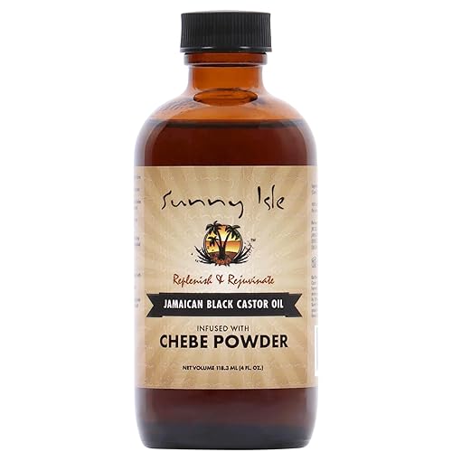 Sunny Isle Aceite de ricino negro jamaicano infundido con polvo de Chebe africano totalmente natural de 4 onzas  Para cabello más largo y fuerte