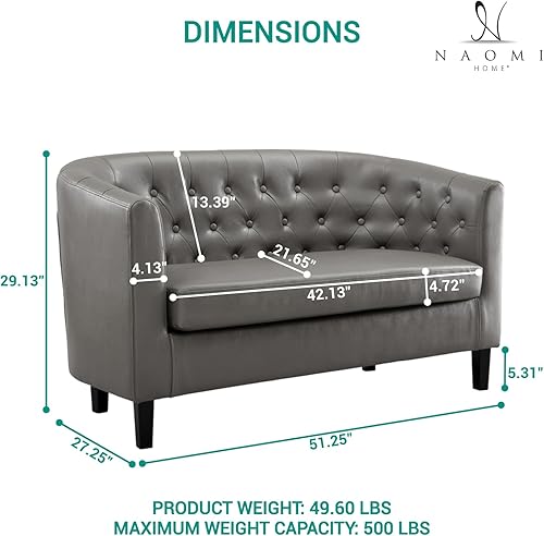 Miniatura 3 de Emma Love - Sofá biplaza de piel sintética con botones, moderno sofá de 2 plazas de mediados de siglo, sofá de dos plazas pequeño para espacios