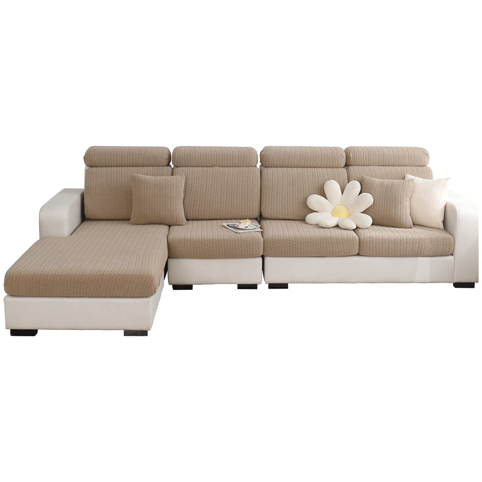 SHANNA Super Stretch Sofa Seat Cushion Cover, Universal Sofa Covers Non-Slip and Soft Sofa Slipcover, L Shape Thick Jacquard WearResistant Furniture Protector Cover (Wheat Light Brown, Chaise Cover)