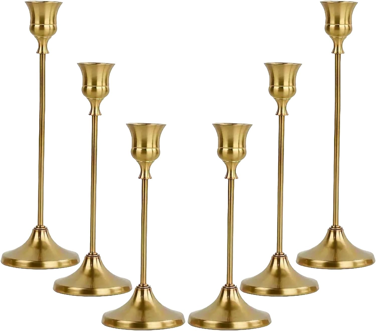 6 Gold Taper Candle Holders, Vintage Metal Candlestick Set Decor