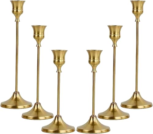 Portavelas dorados, juego de 6 portavelas cónicos dorados, juego de 6 portavelas, centro de mesa decorativo moderno vintage para mesa, chimenea,