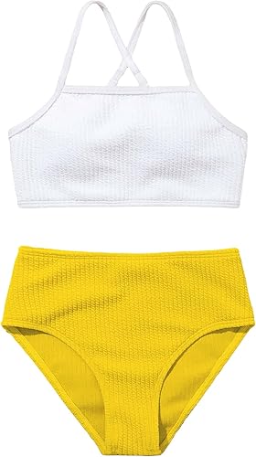SHENHE Traje de baño de 2 piezas para niña, traje de baño floral con tiras cruzadas, conjunto de bikini de cintura alta fruncida
