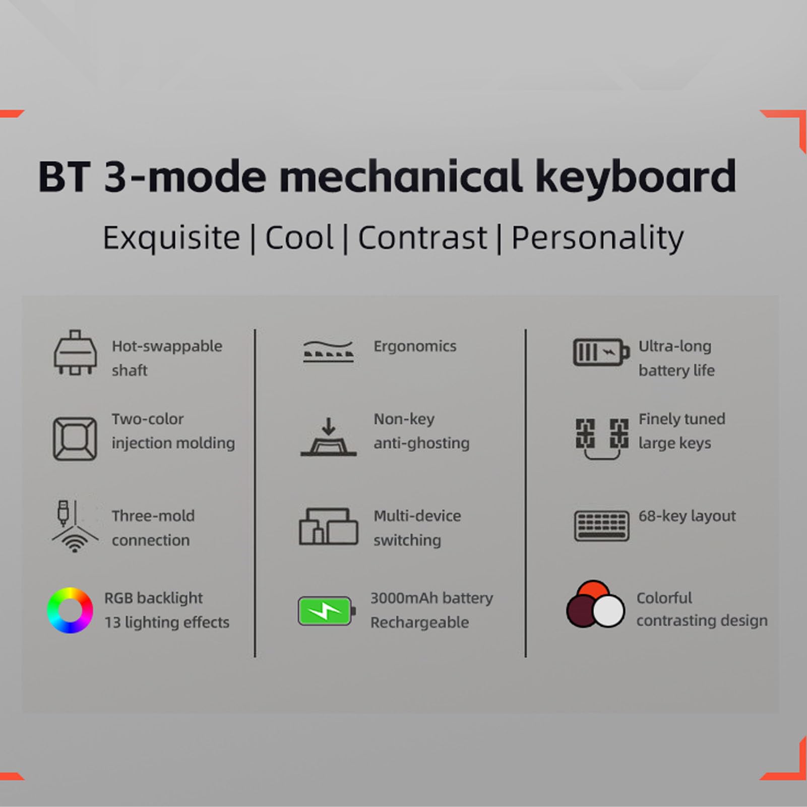 Clavier Mécanique sans Fil à 3 Modes, Clavier de Jeu Filaire BT 2,4 GHz avec Interrupteur, D'ordinateur Compact à 61 Touches pour Le Travail et Les Jeux (Orange)
