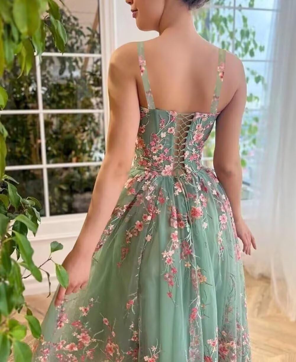 A-line Flower Tulle Prom Dress for Women, Square Neck Spaghetti Formal Evening Tea Length Party Gowns - Image 2