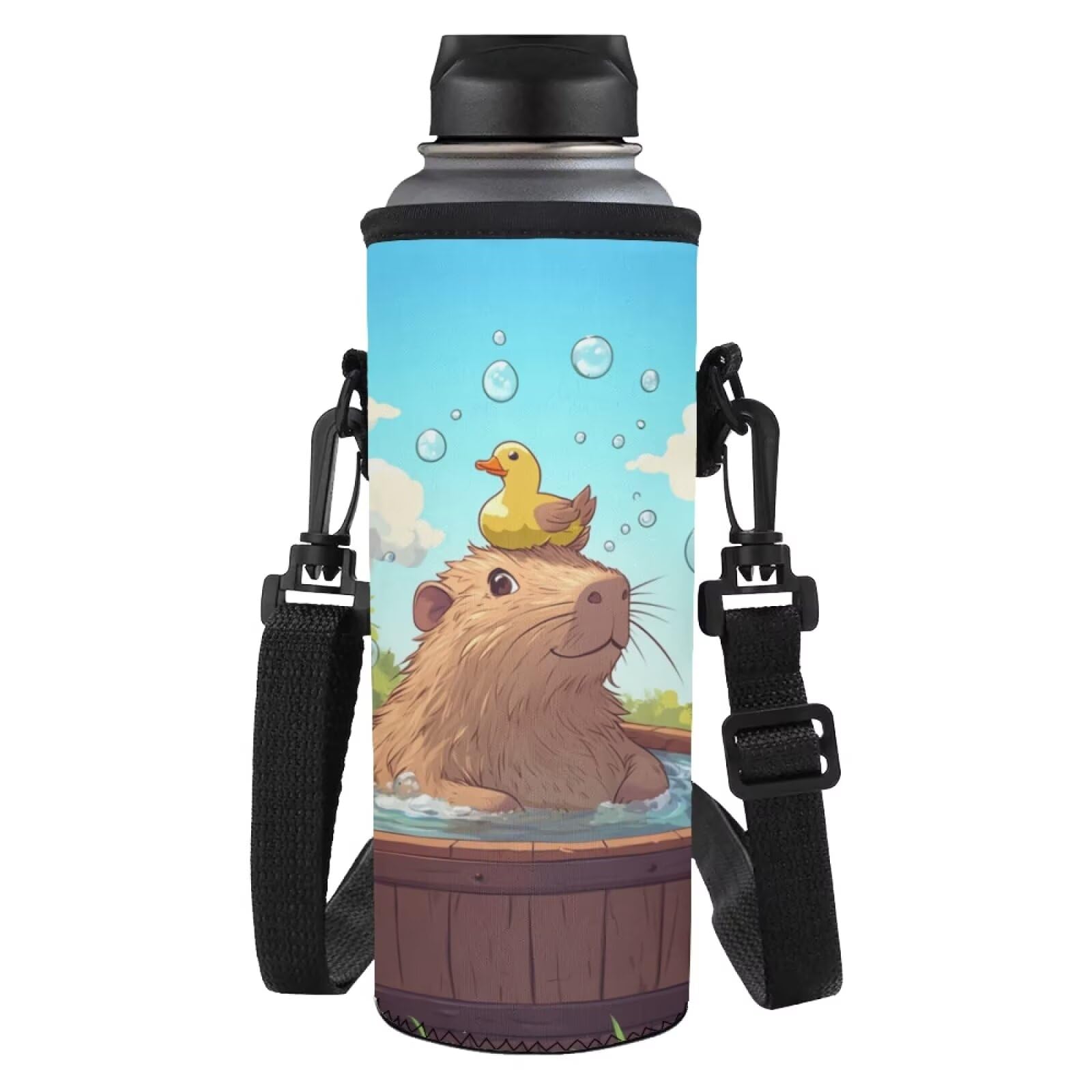 Yexignaon Kids Water Bottle Sleeve Large Capybara Water Bottle Pouch with Strap Carrying Pouch Bottles Holder for School Travel Outdoor Sports