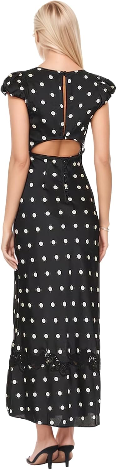 FUNTOUR Women Polka Dot Dress Summer Boho Dresses for Women Sexy Lace Patchwork A-Line Maxi Dress with V-Neck Cap Sleeves