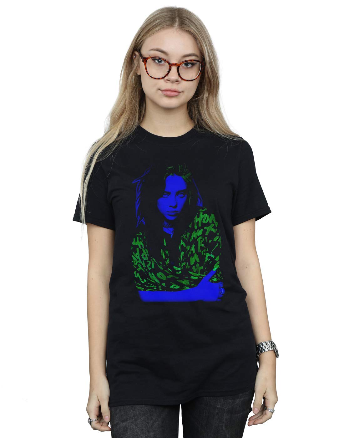 Absolute Cult Women's Black Billie Eilish Neon Backlit Boyfriend Fit T-Shirt XXX-Large