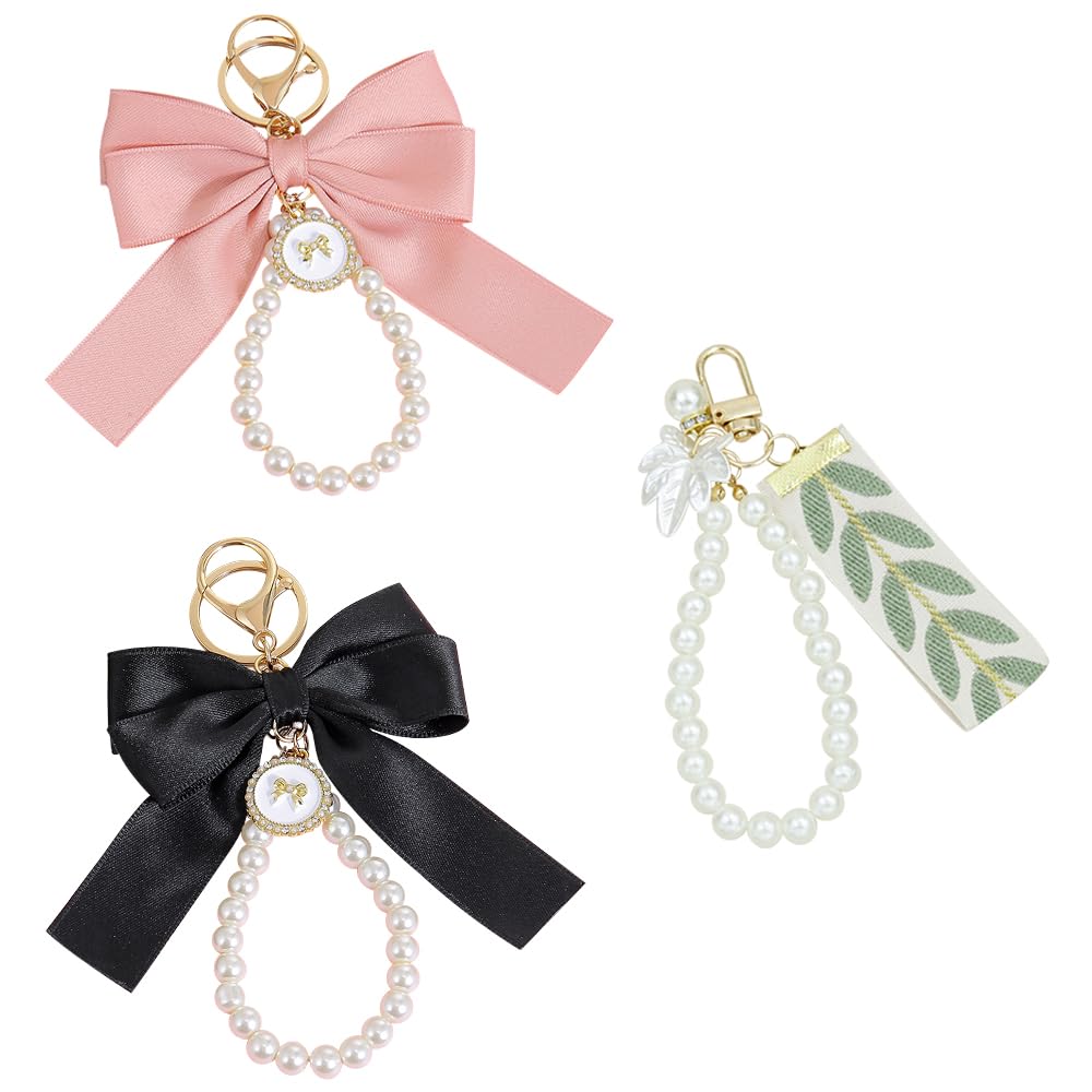 TRKETK 3 Pcs Pearl Bow Keychain Wristlet Coquette Bowknot Keyring Cute Pearl Key Chains Ribbon Bow Unique Bag Charm for Women Car Keys Wallet Pendant Charms for Handbags DIY Crafts (3 Colors)