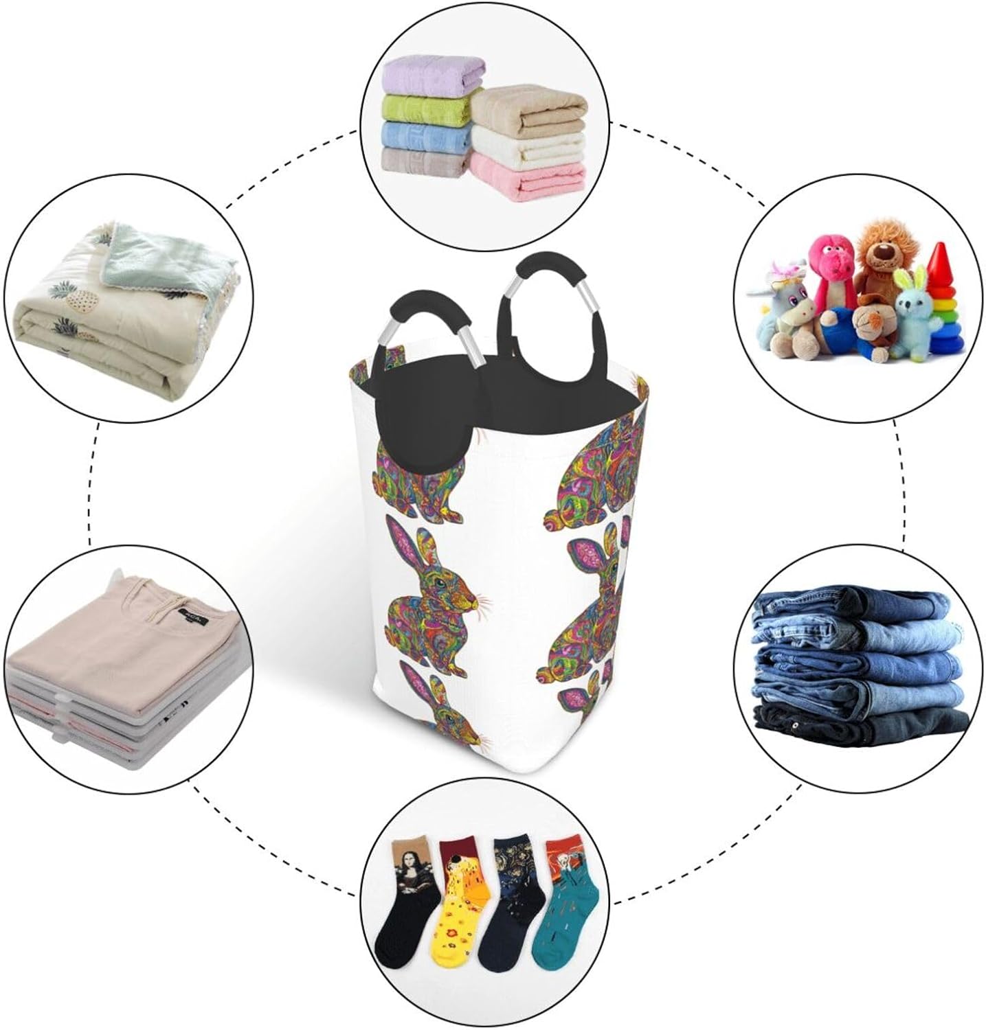 Patterned rabbit Foldable storage bag, 50L capacity, suitable for laundry room, dormitory bedroom, dirty clothes storage basket.