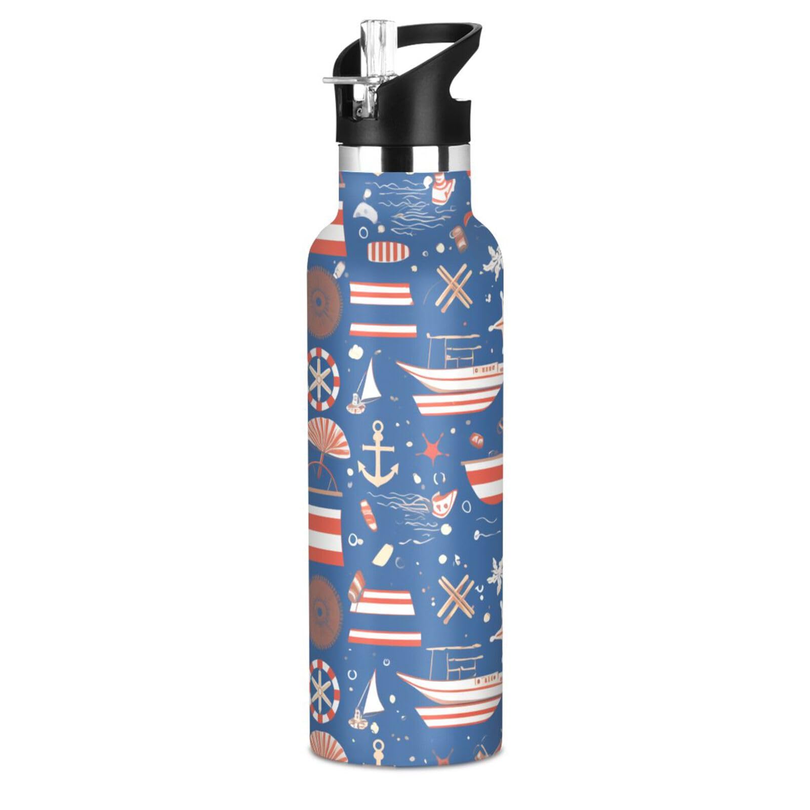 Blue Sea Ocean Stripe Leakproof BPA Free Kids Metal Water Bottle with Straw Double Wall Vacuum Insulated Bottles