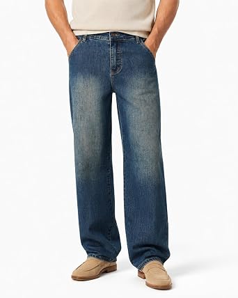 Mens Relaxed Stretch Wide Leg Jeans,5-Pocket Vintage