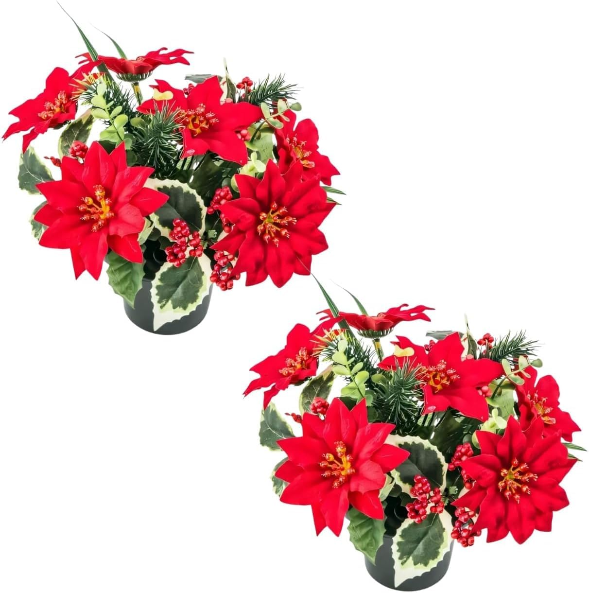 Pack 2 Red Artificial Poinsettia Grave Flower Pots and Foliage Christmas Crew Pot | New Improved Design Christmas Artificial Flowers for Graves in Pot | Improved Design for Funeral Elegance. — image 1